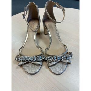 Badgley Mischka Jewel Gold Crystal Embellished Strappy Formal Sandal sz 8